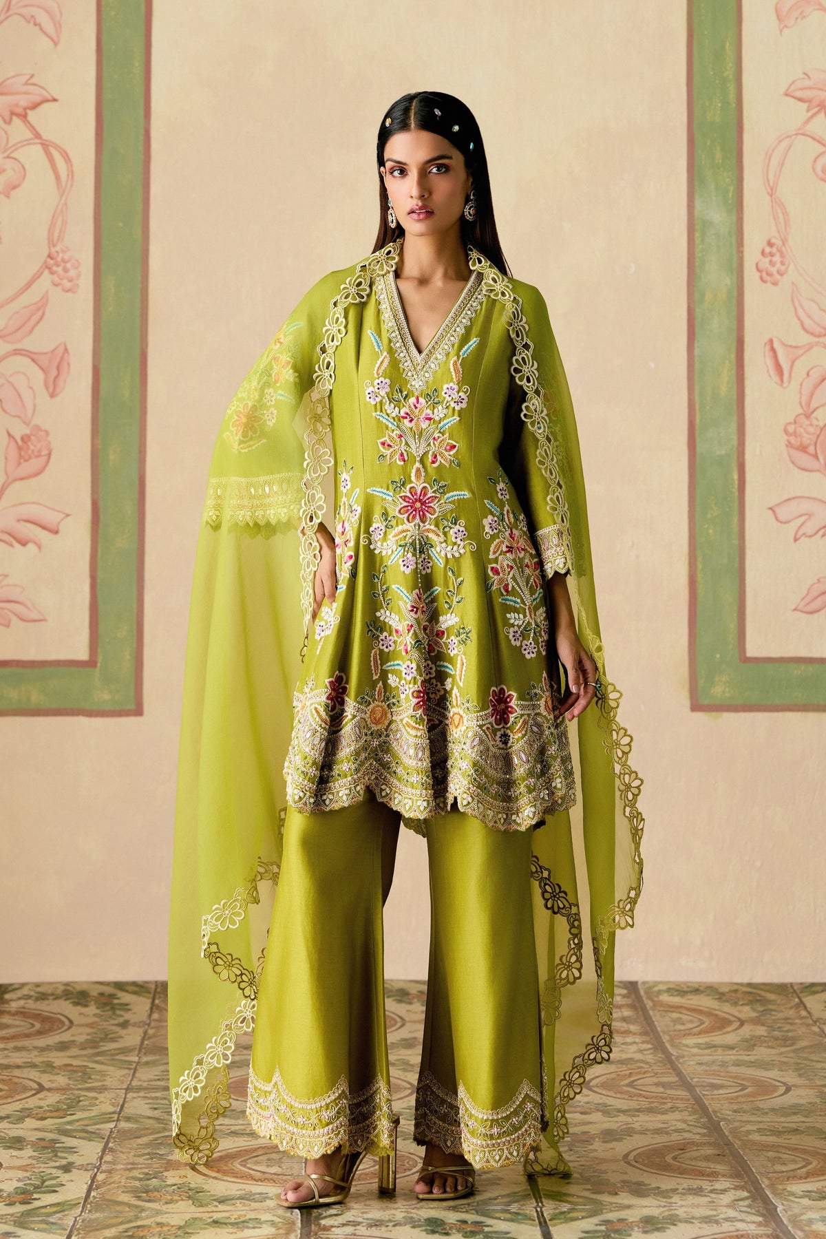 Olive Cordwork Short Kurta Set