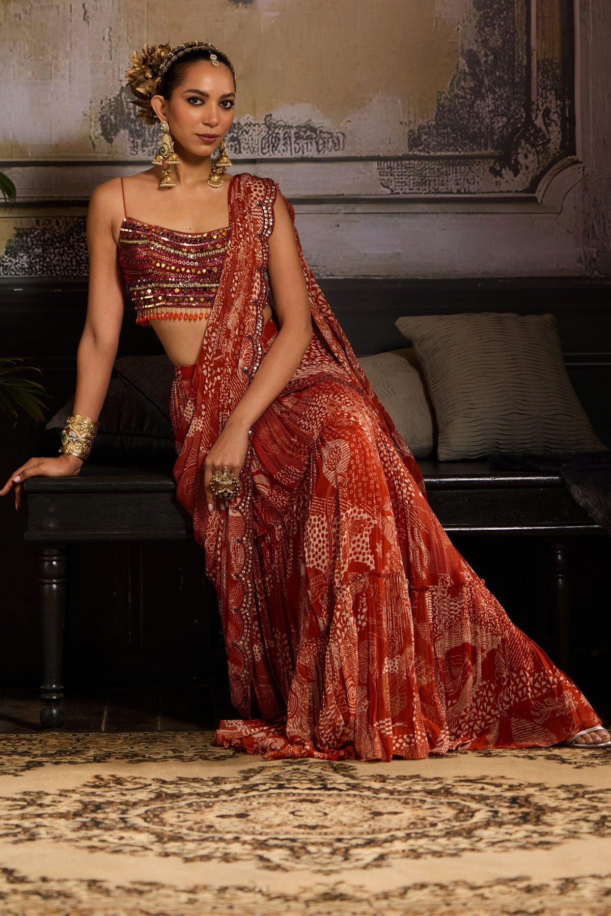 Printed Highlighted Drape Saree Set