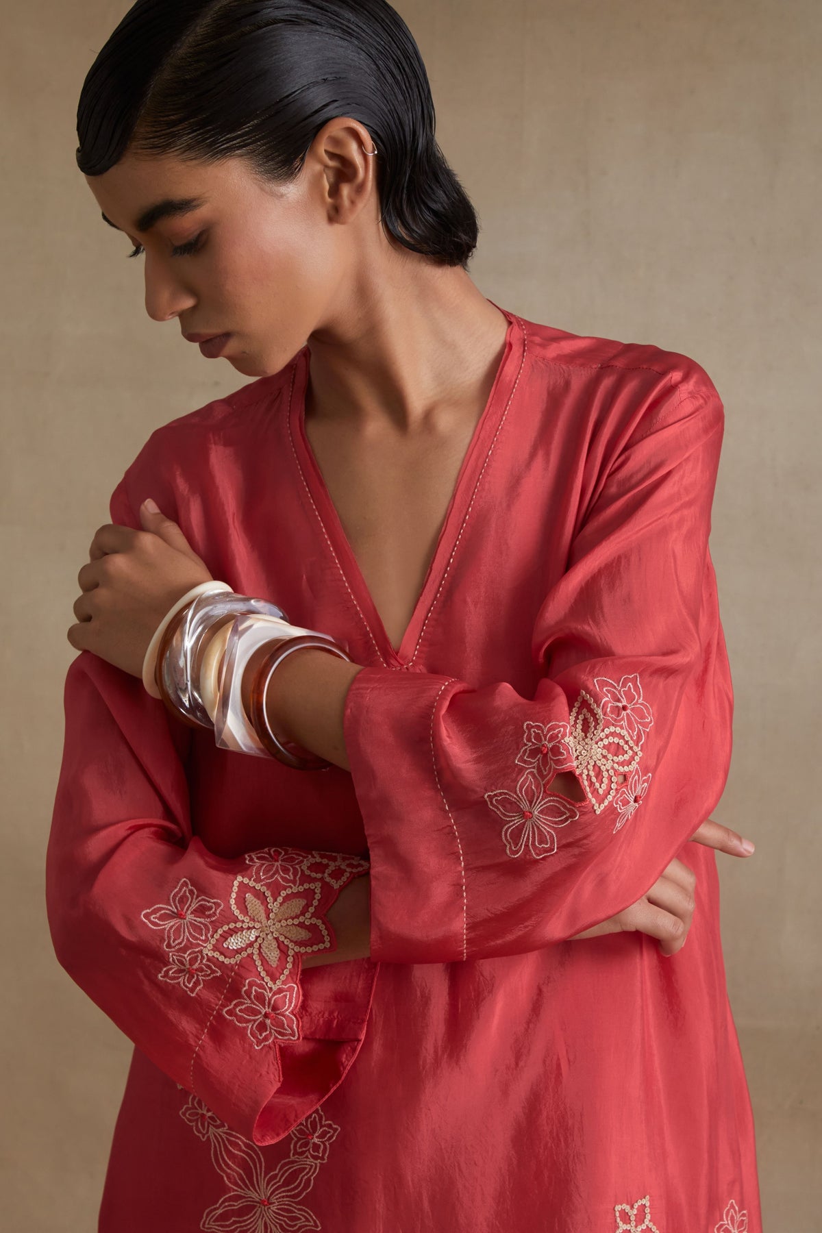 Tomato Floral Cutwork Tunic Set