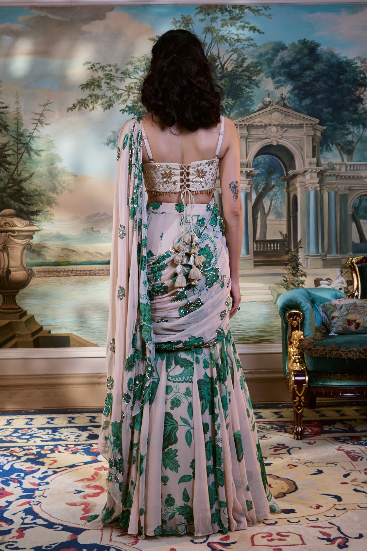 Floral Pre-draped Saree Set