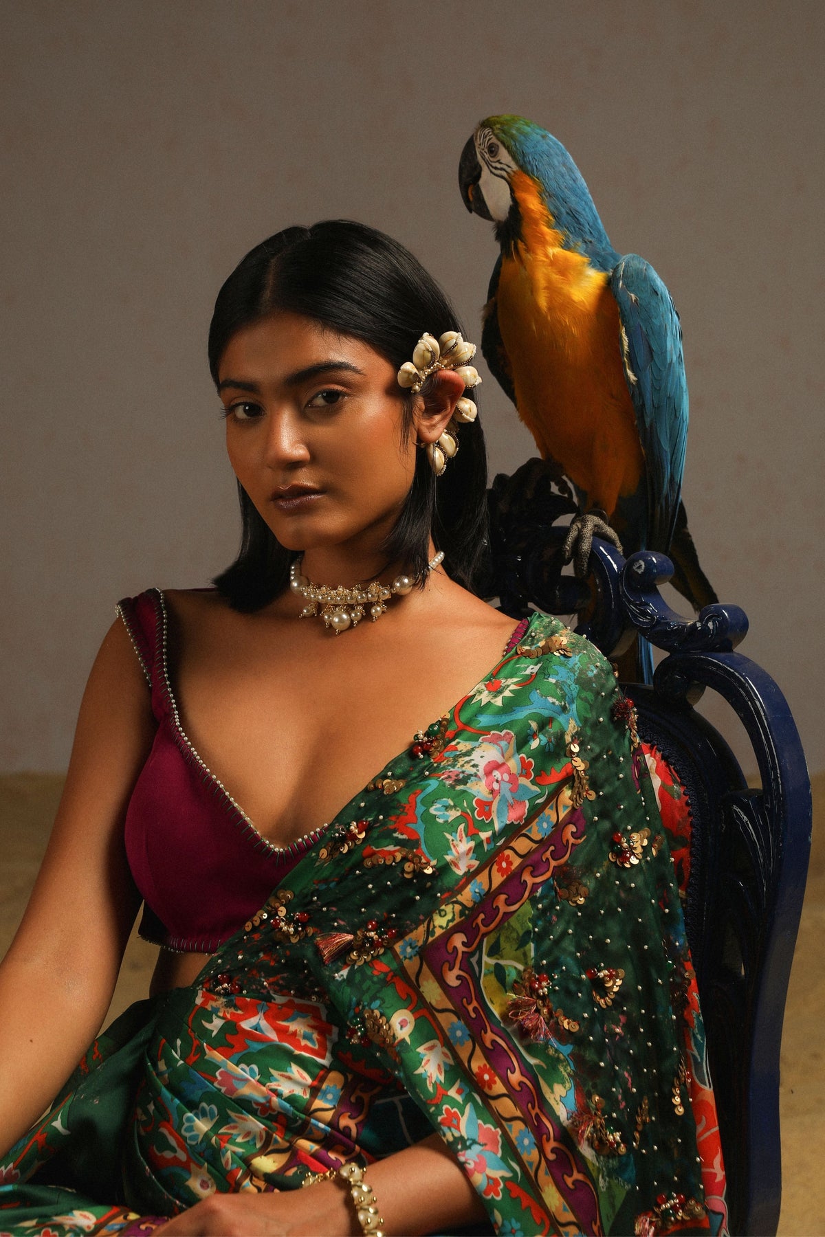 Green Draped Saree With Purple Blouse