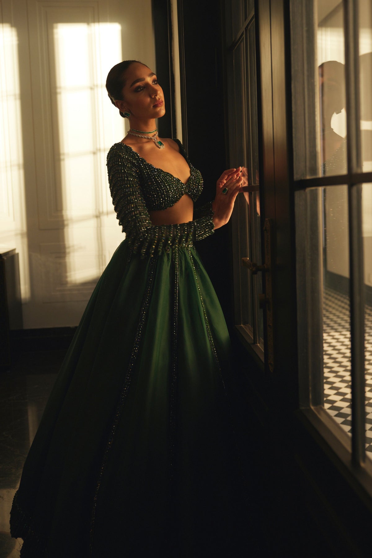 Dark Jade Green Organza Lehenga Set