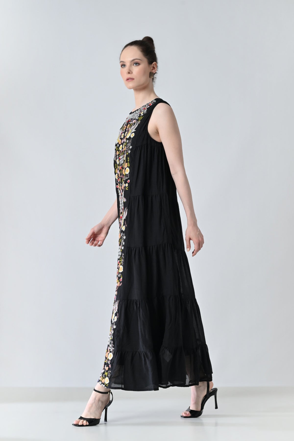Black Embroidered Tiered Long Dress