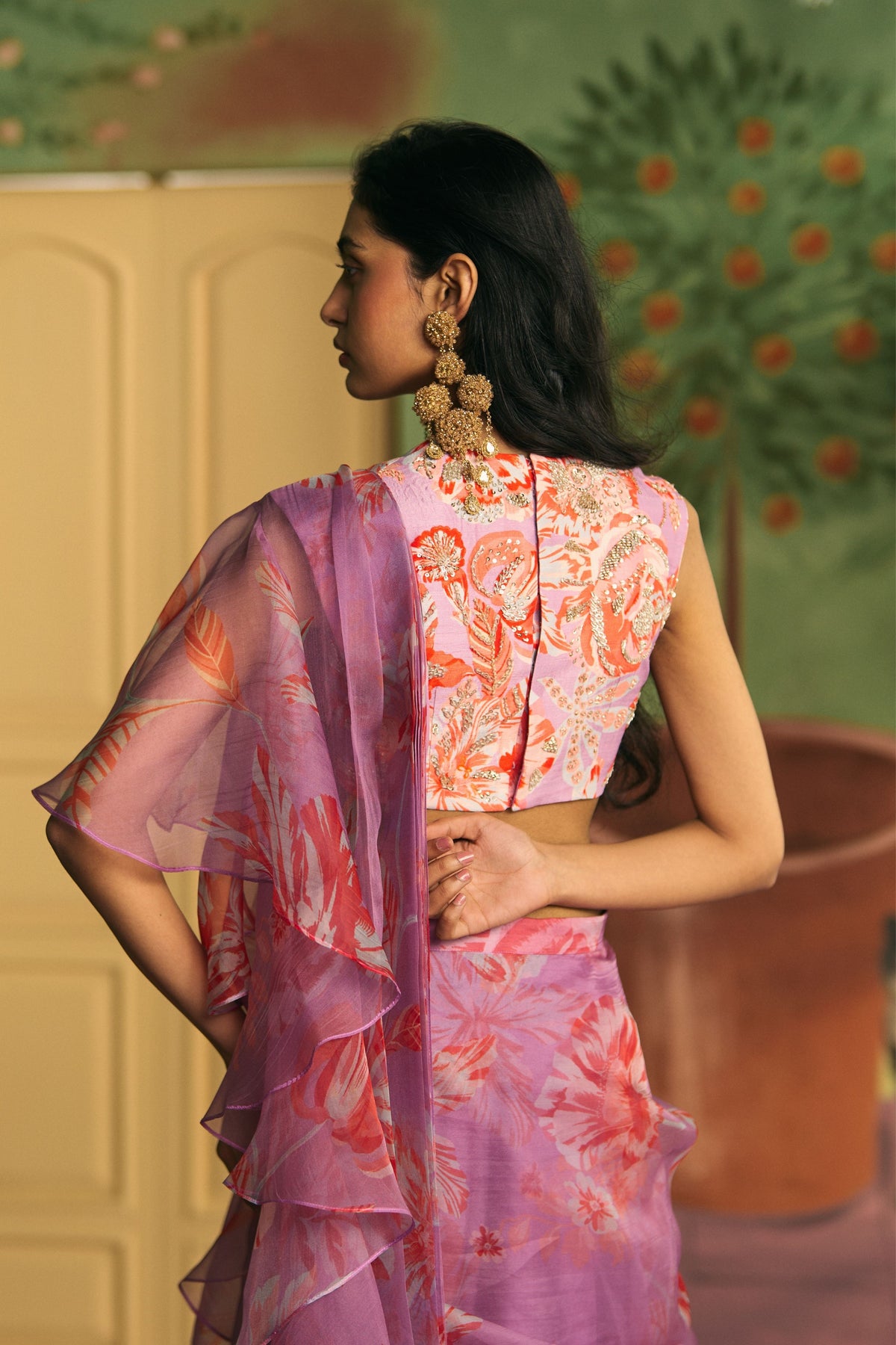 Lavender Ruffle Draped Saree Set