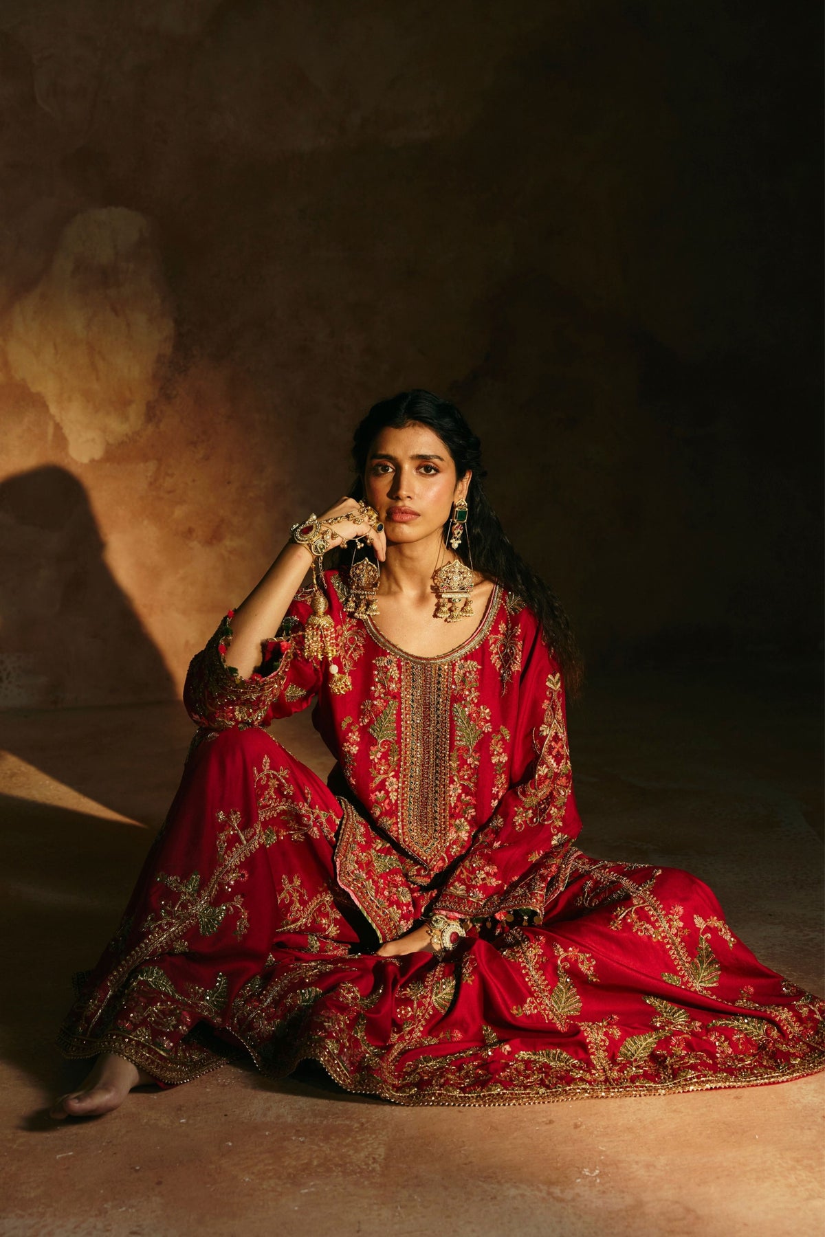 Red Multicoloured Sindh Sharara Set