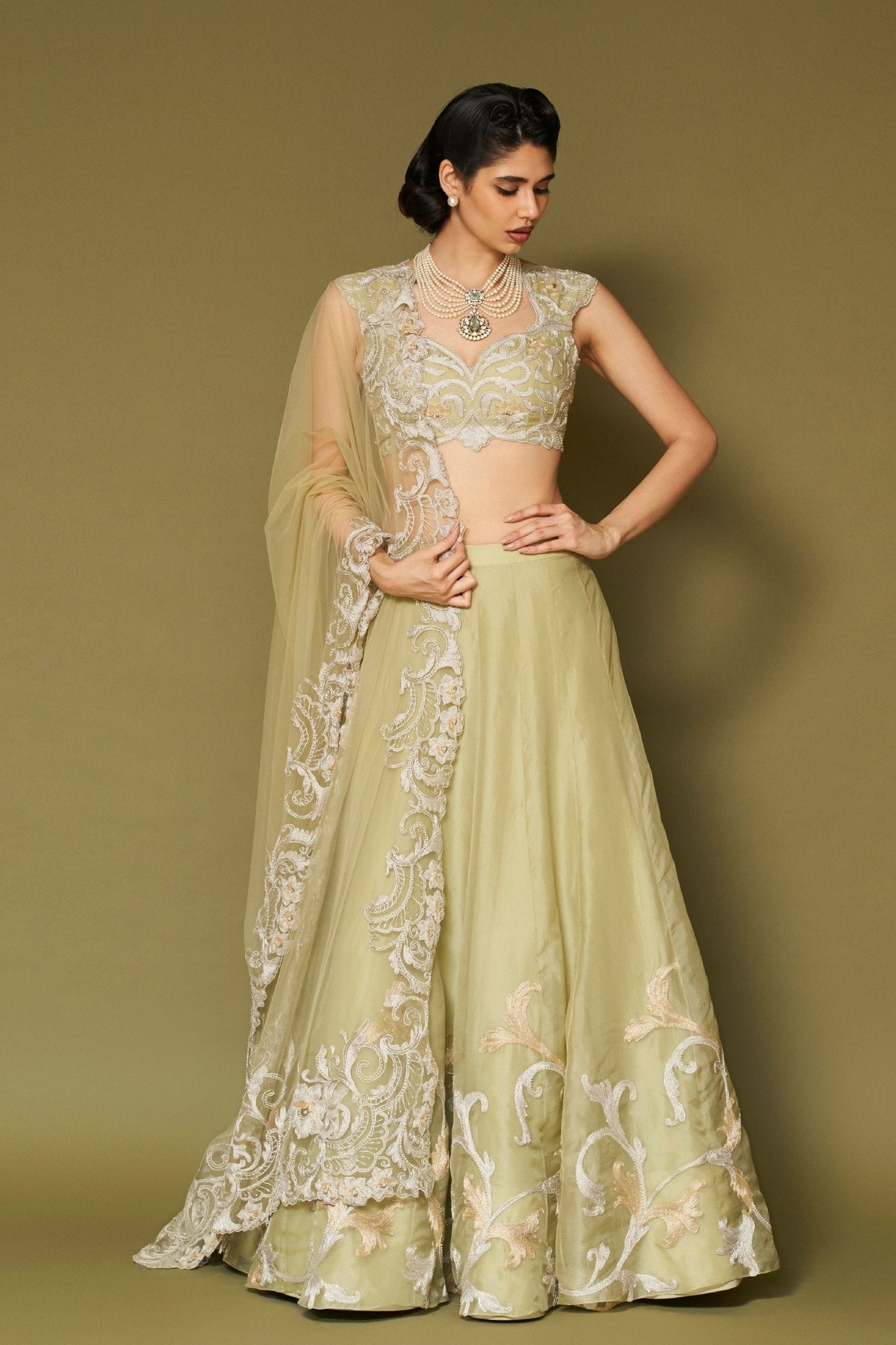 Pistachio Embroidered Lehenga Set - Devnaagri - Elahe