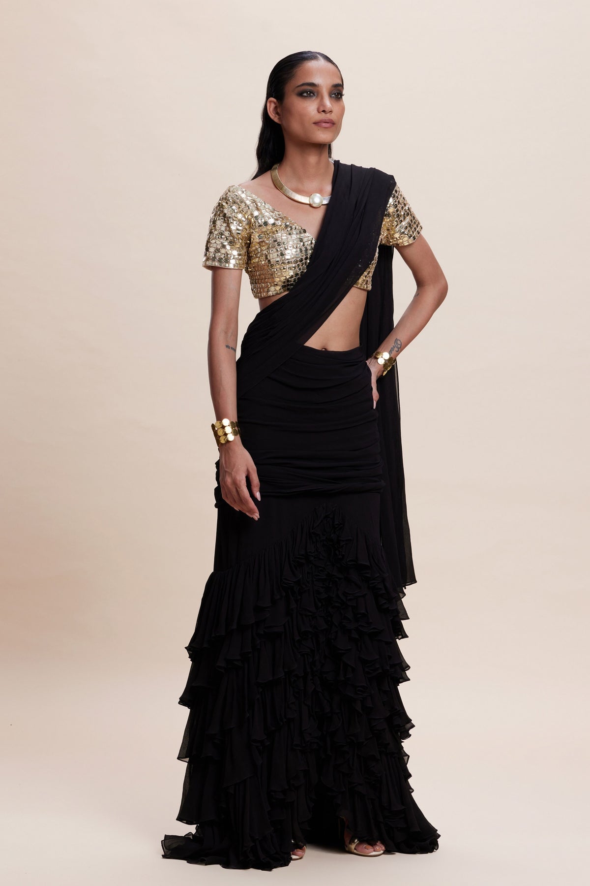 Black Ruffle Draped Saree Set
