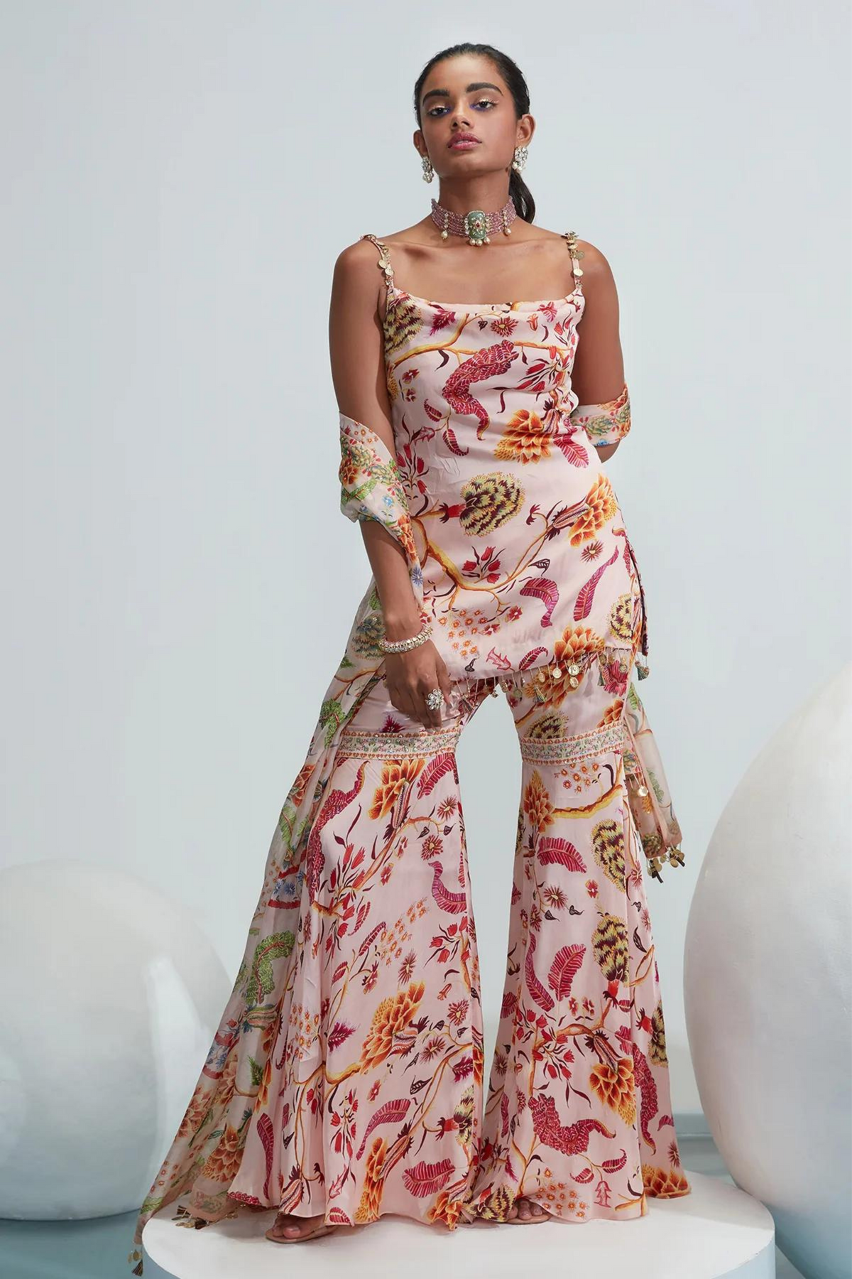 Zina Nude Embroidered Gharara Set