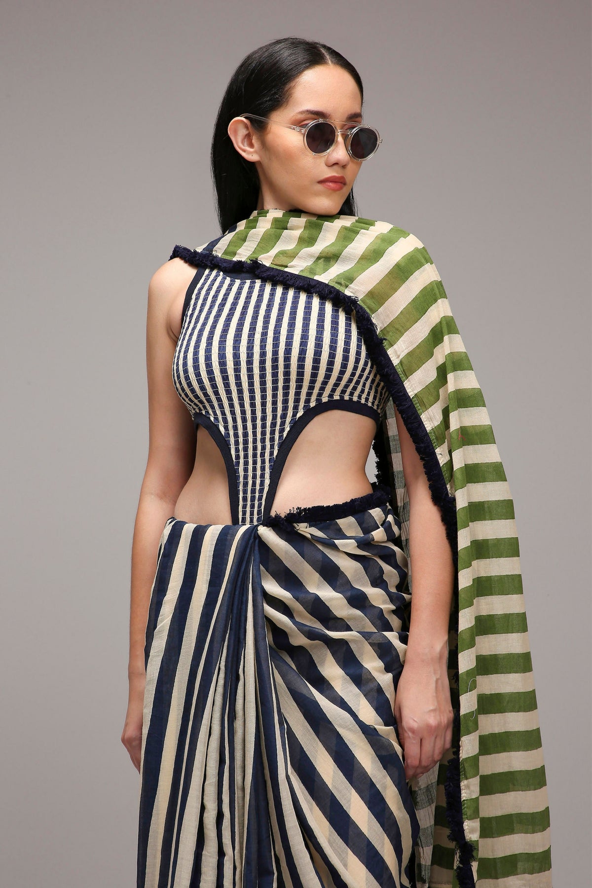 Egg-shell Bodysuit & Dual Striped Saree