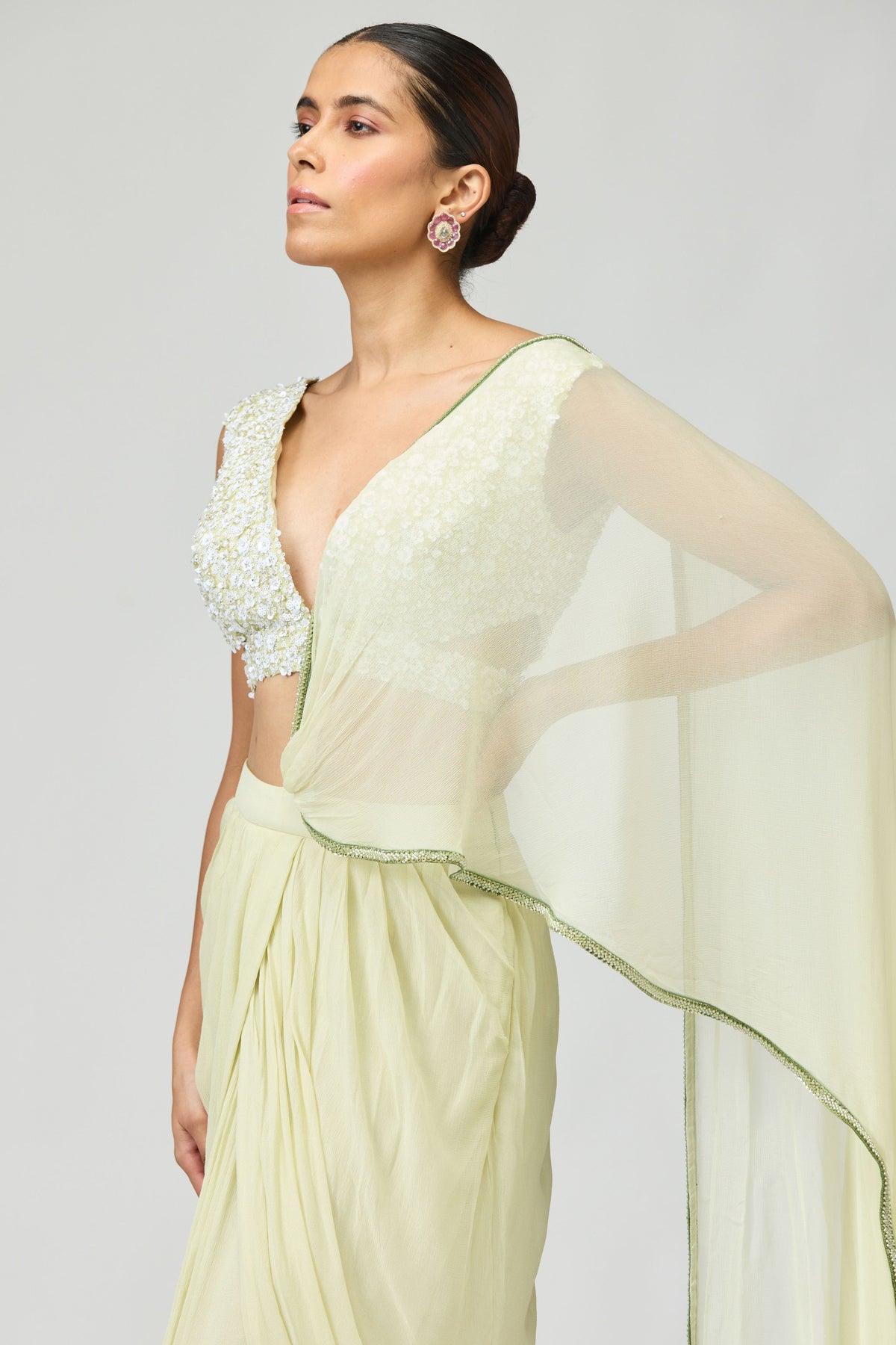 Silk Chiffon Lime Green  Saree