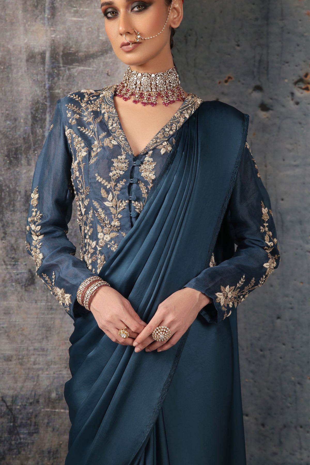 Blue Jacket Saree Set