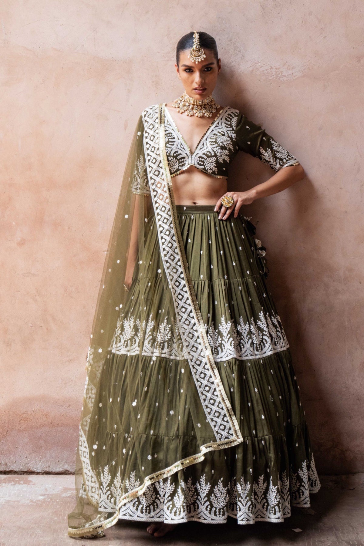 Olive Maharani Forest Lehenga Set