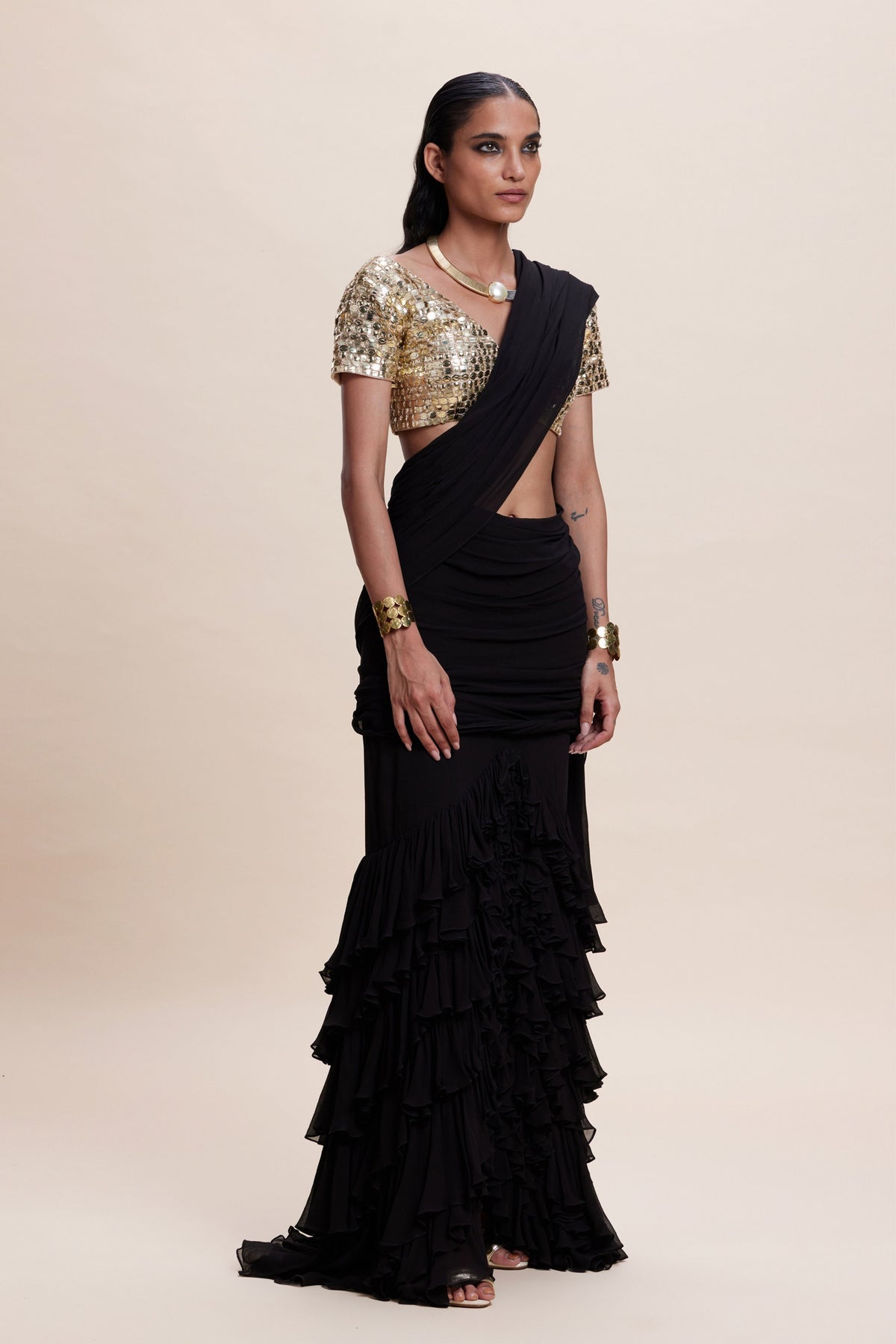 Black Ruffle Draped Saree Set