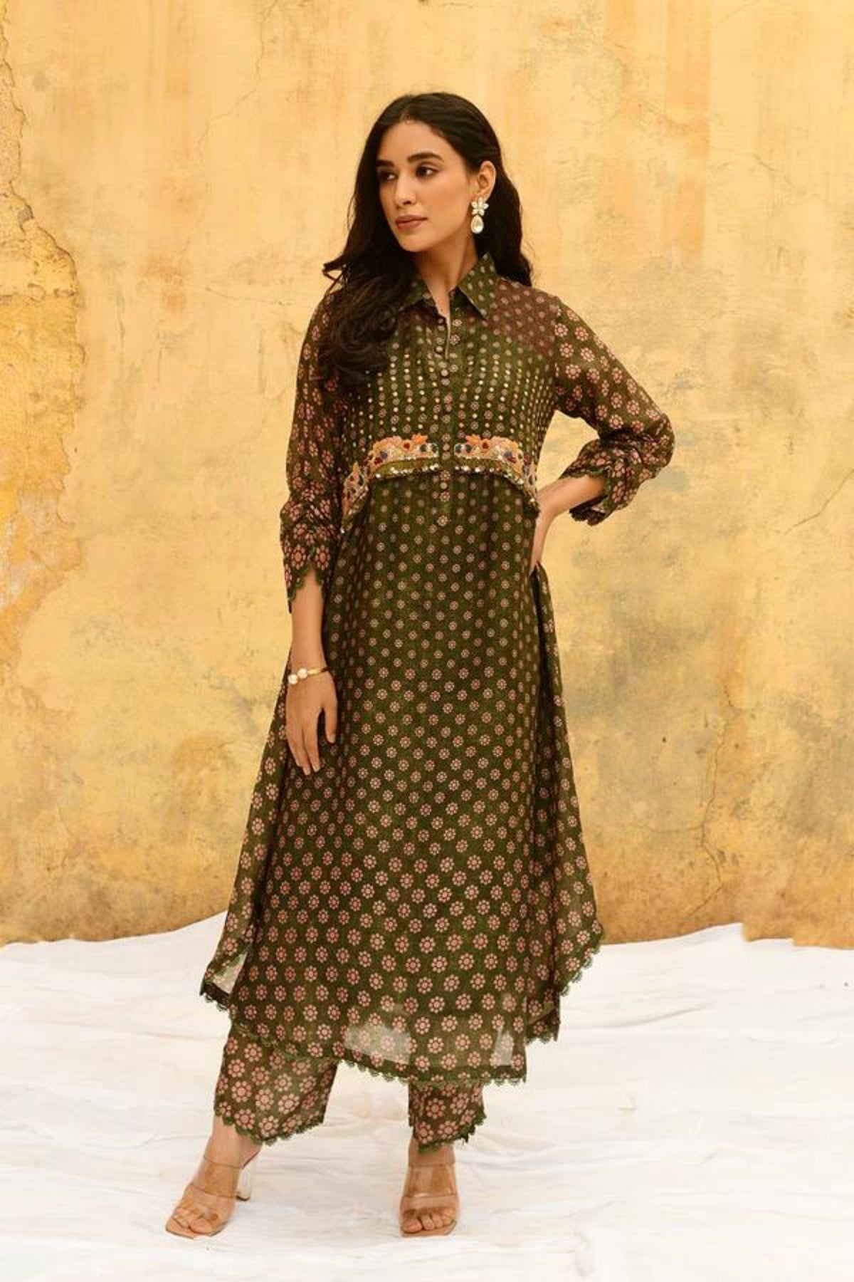 Green Cascade Collar Kurta Set