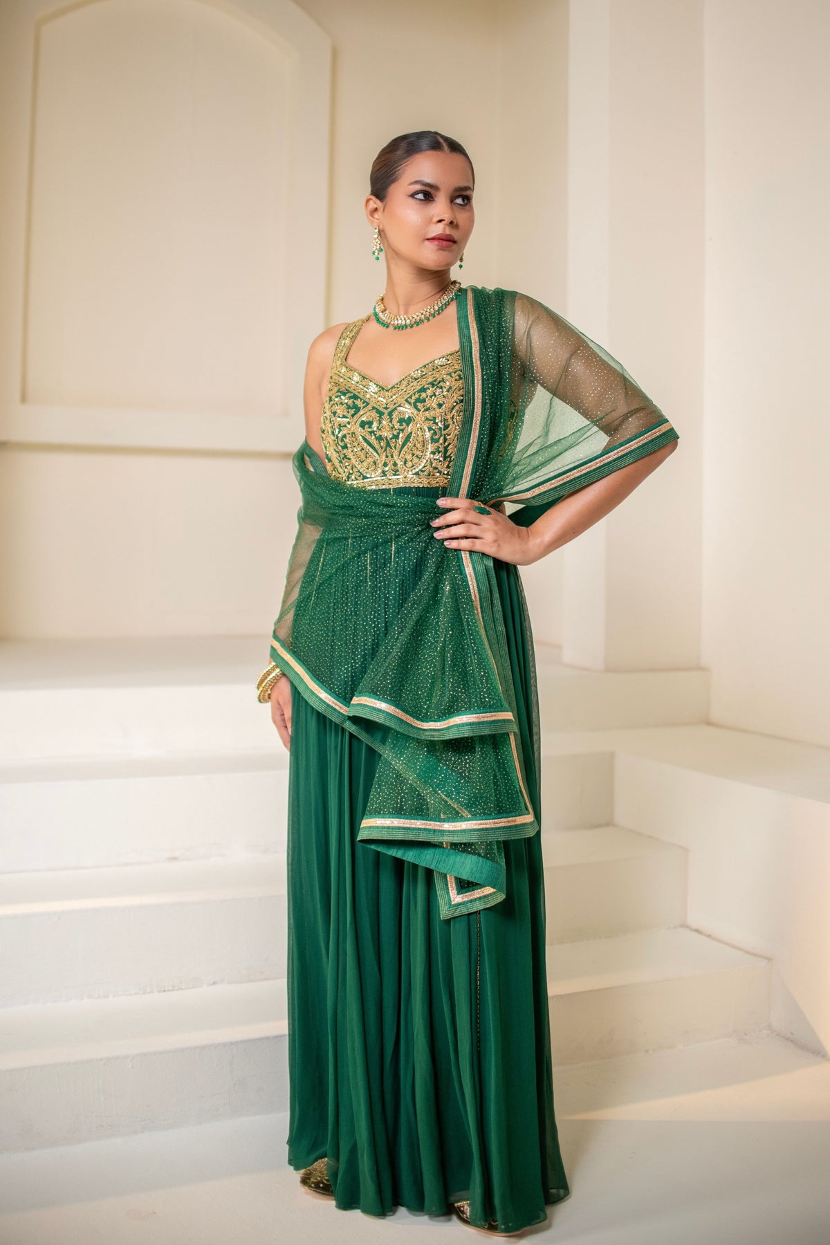 Emerald Green Sleeveless Embellished  Anarkali