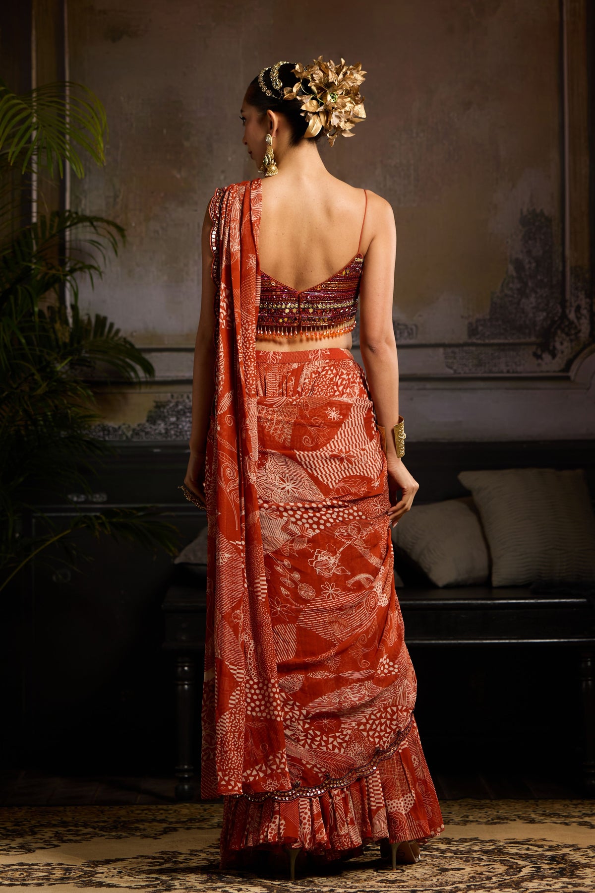 Printed Highlighted Drape Saree Set