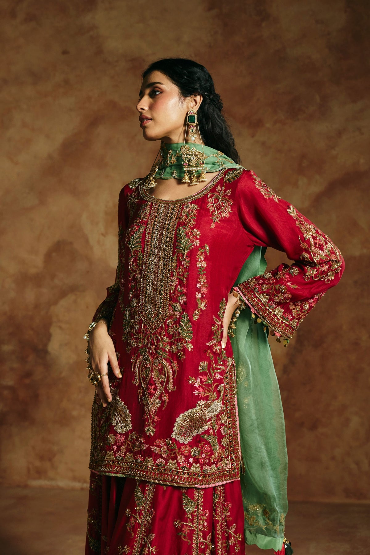 Red Multicoloured Sindh Sharara Set