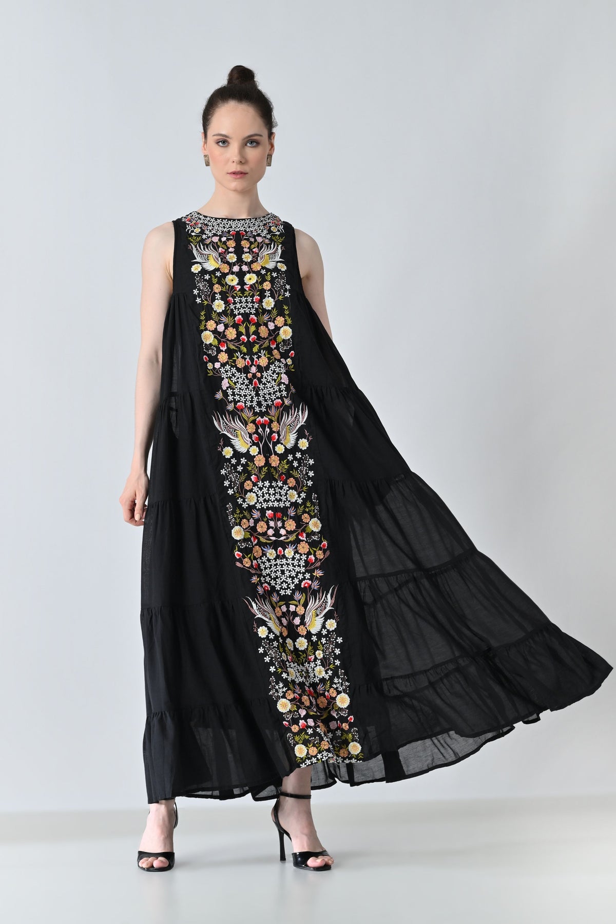 Black Embroidered Tiered Long Dress