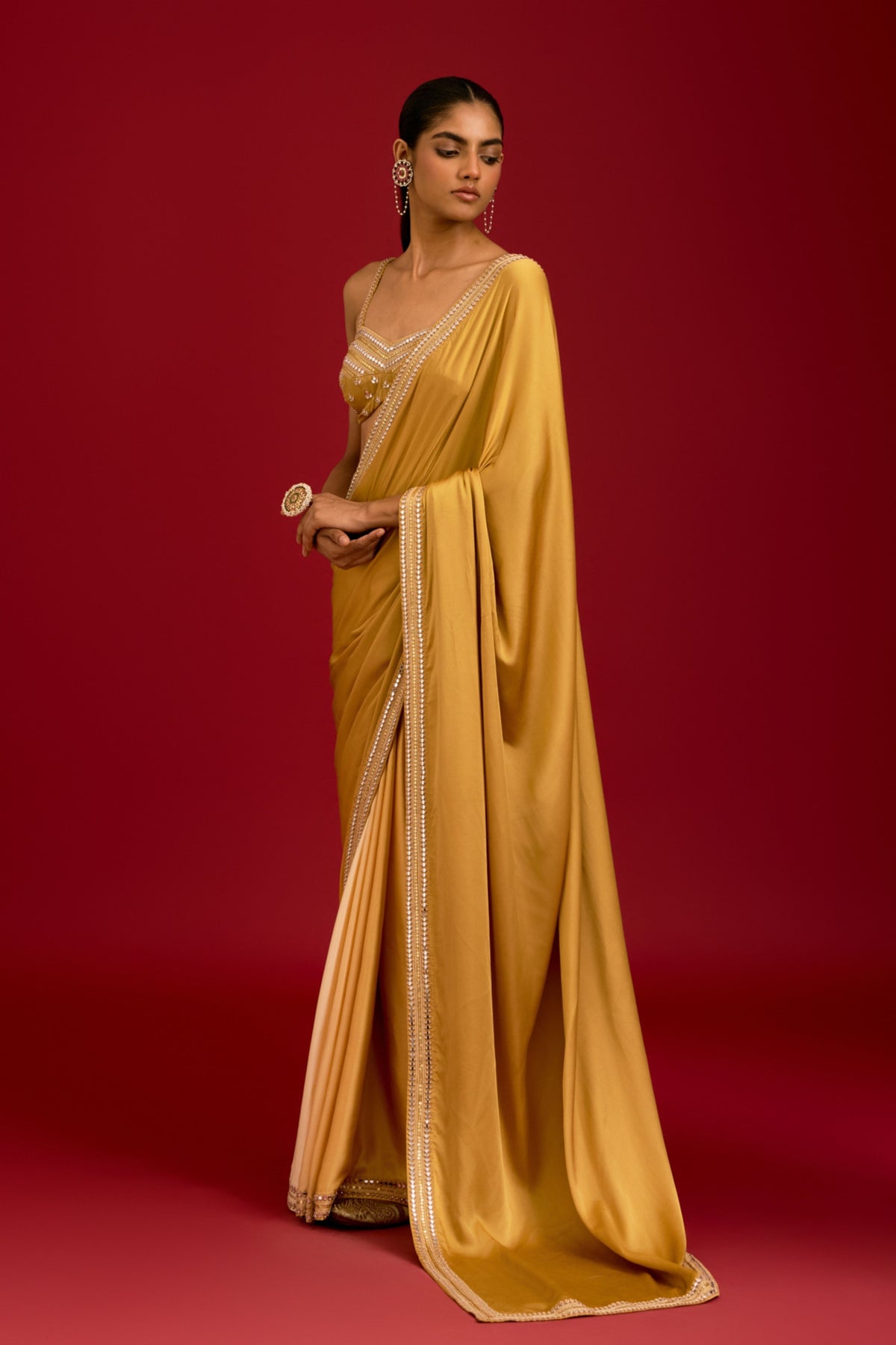 Mustard Embroidered Saree Set