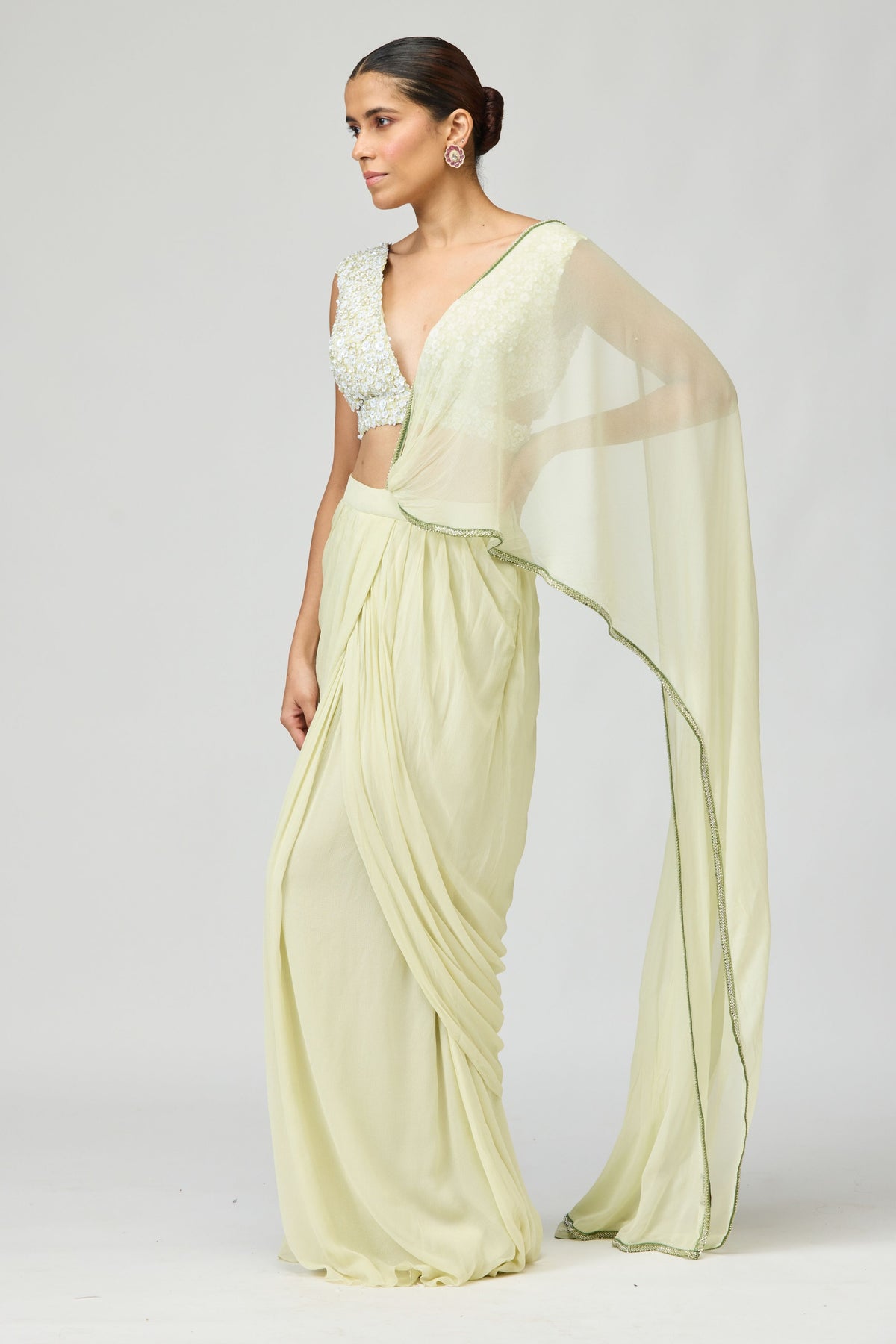 Silk Chiffon Lime Green  Saree