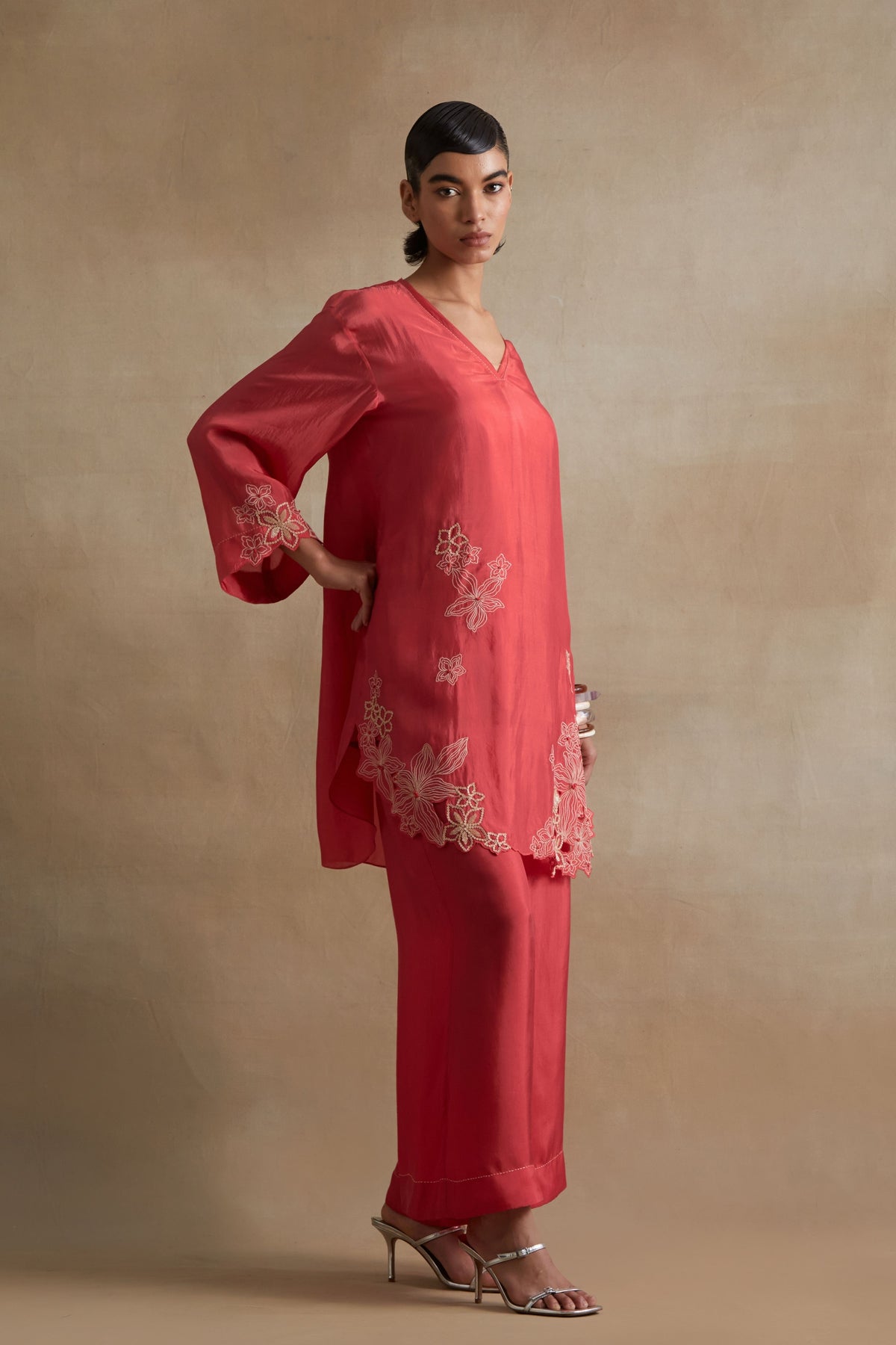 Tomato Floral Cutwork Tunic Set