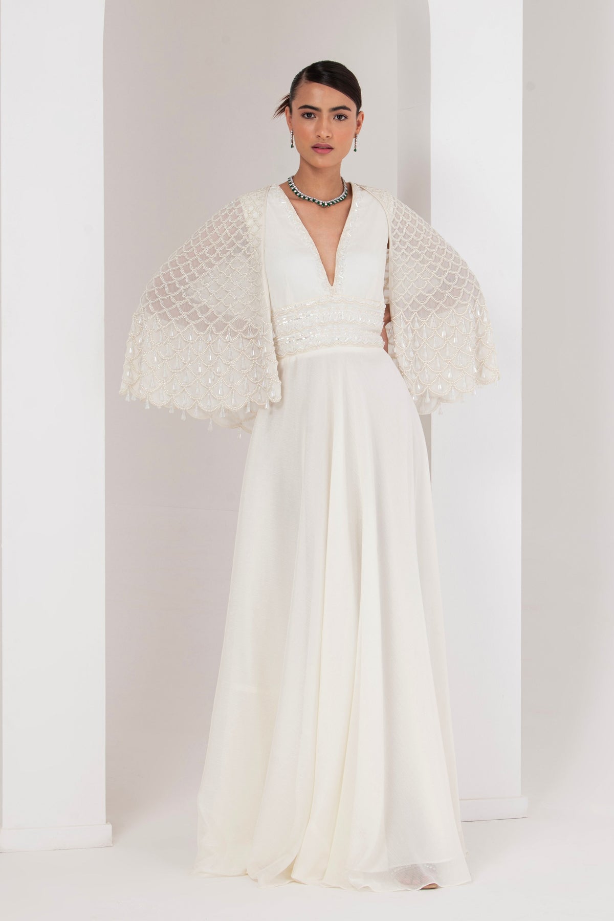 Ivory Dress With Embellished Cape