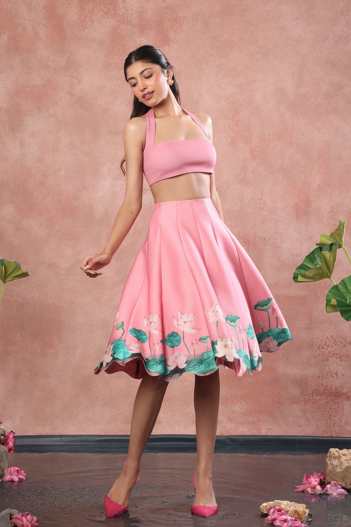 Pink Printed Skirt With Top
