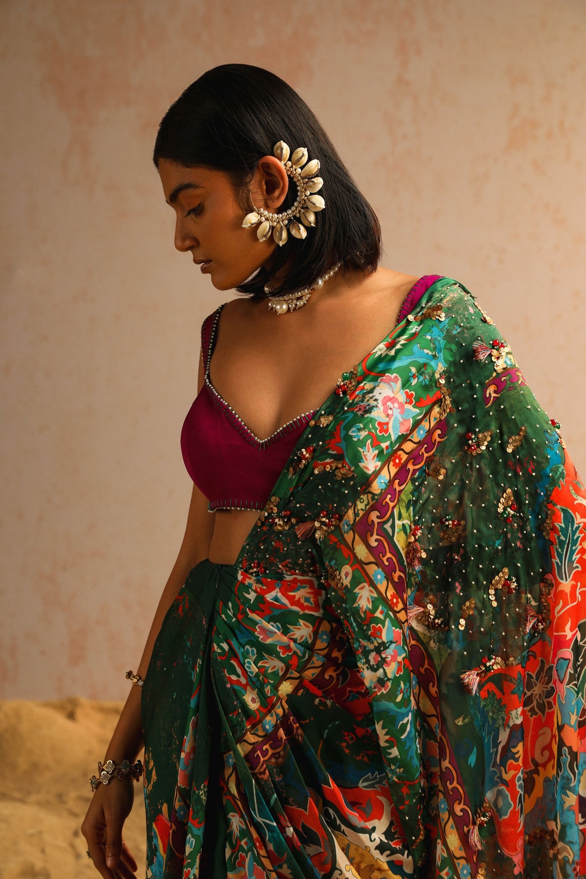 Green Draped Saree With Purple Blouse