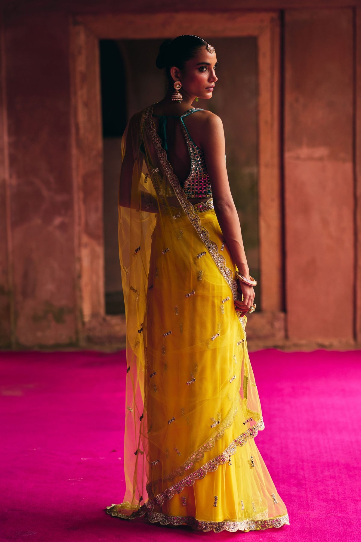 Yellow Net Saree Set