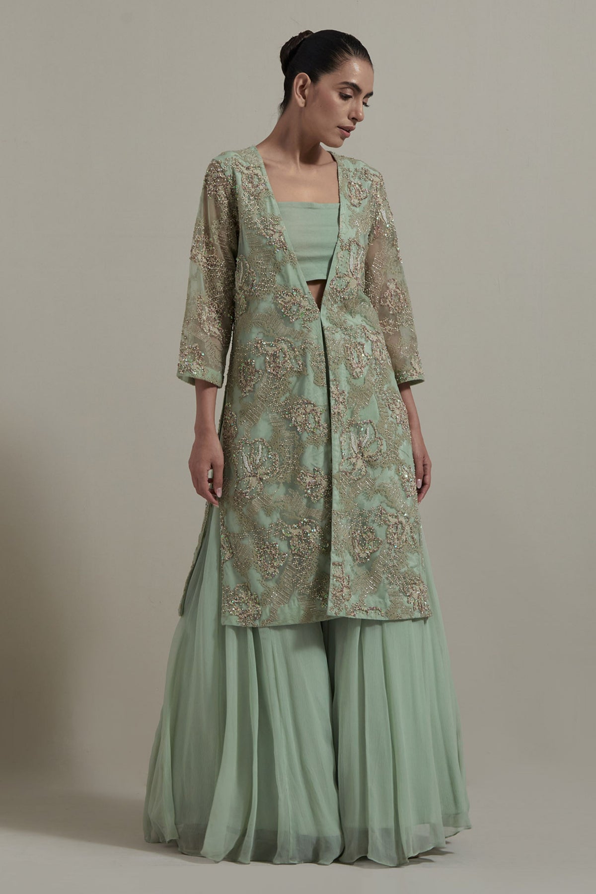 Green Embellished Jacket Set