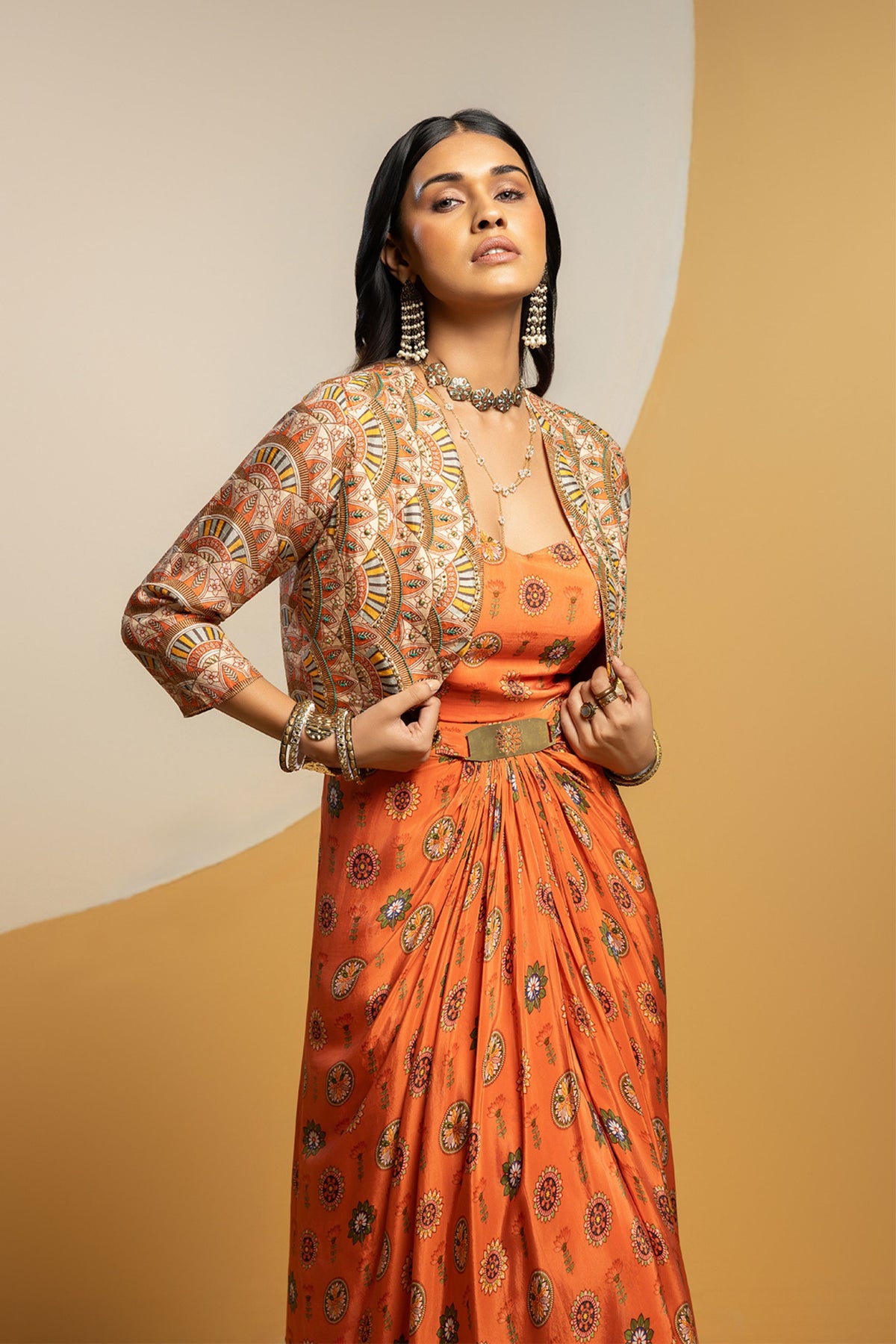 Rust Printed Drape Dress Set