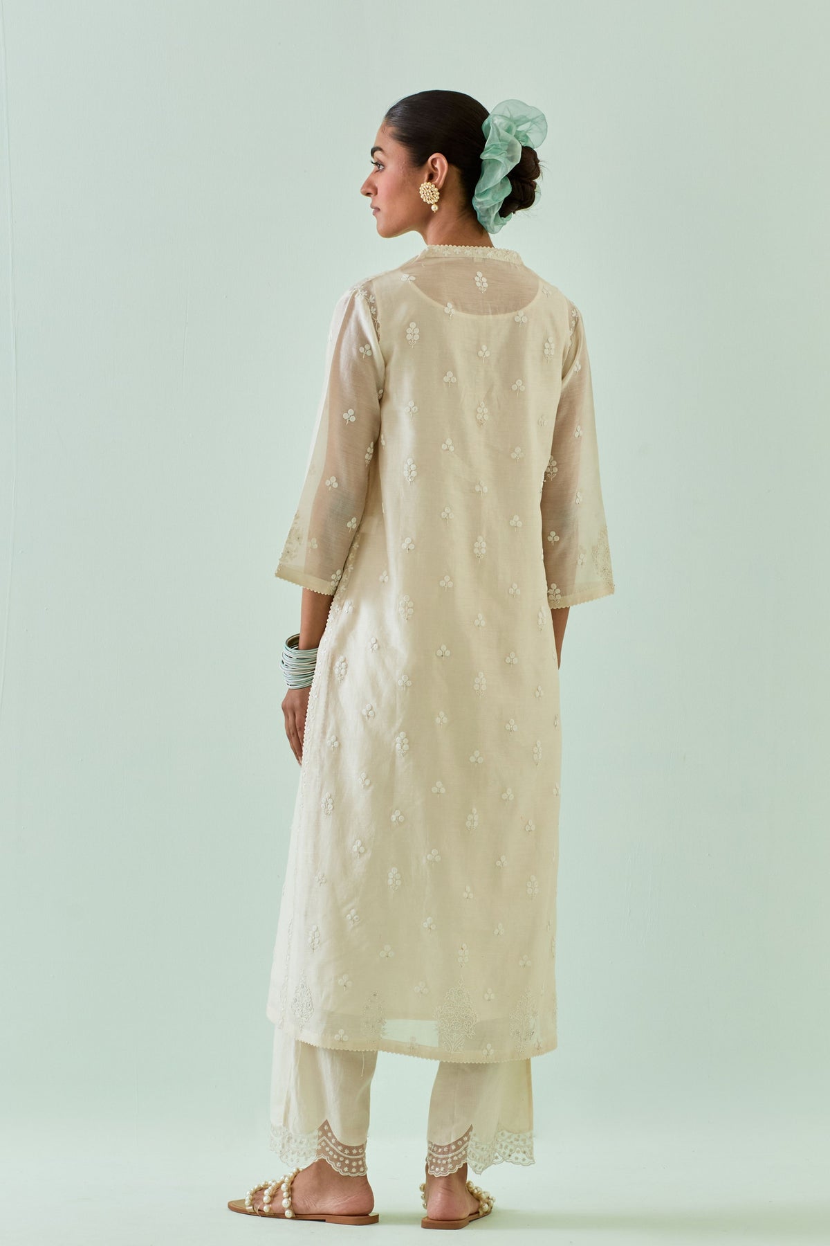 Off White Embroidered Straight Kurta Set