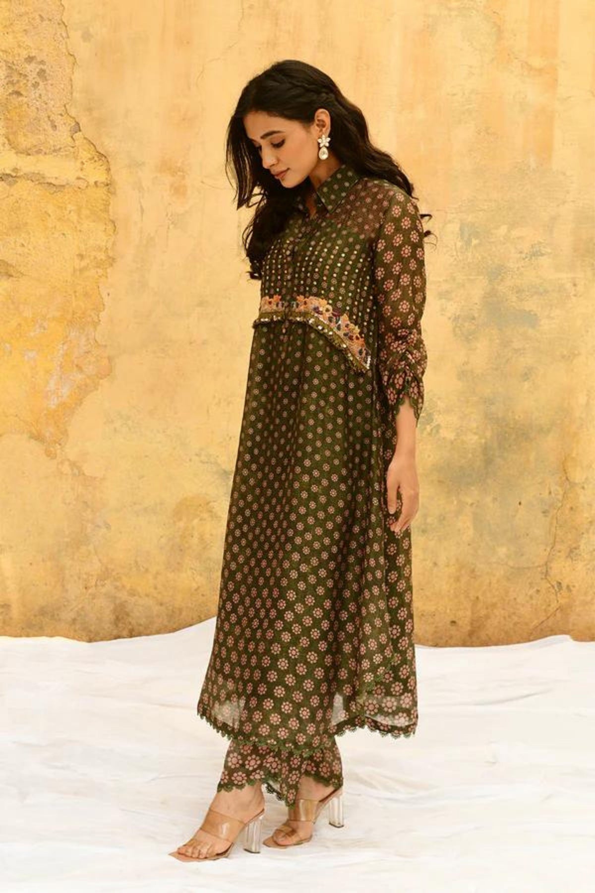 Green Cascade Collar Kurta Set