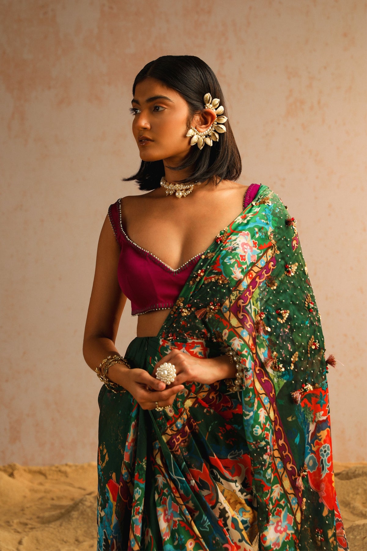 Green Draped Saree With Purple Blouse