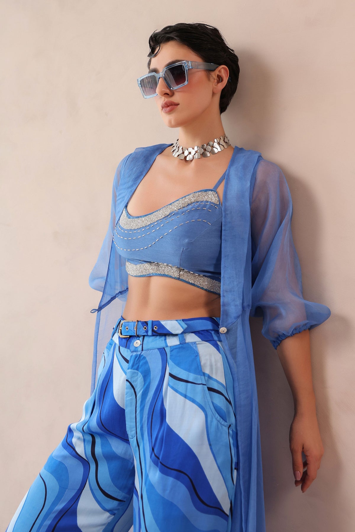 Ocean Blue Sheer Jacket Set