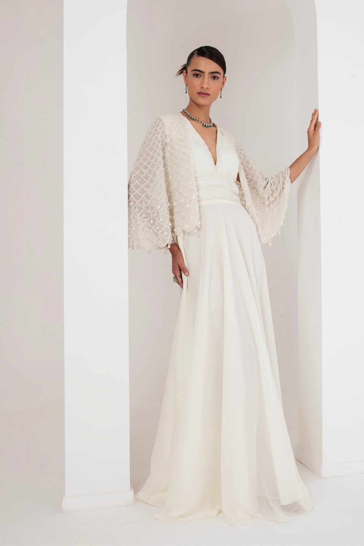 Ivory Dress With Embellished Cape