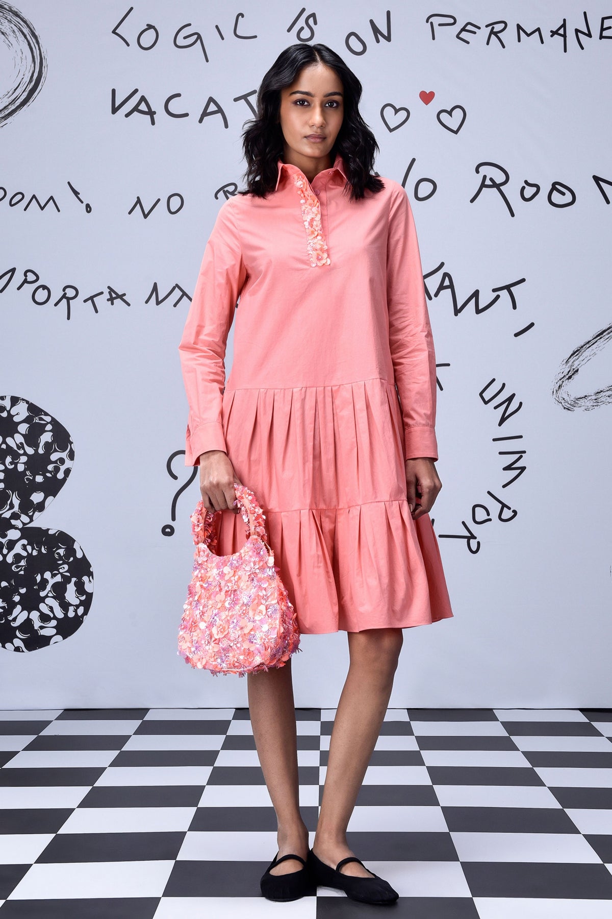 Sequenced Placket Dress Coral Peach