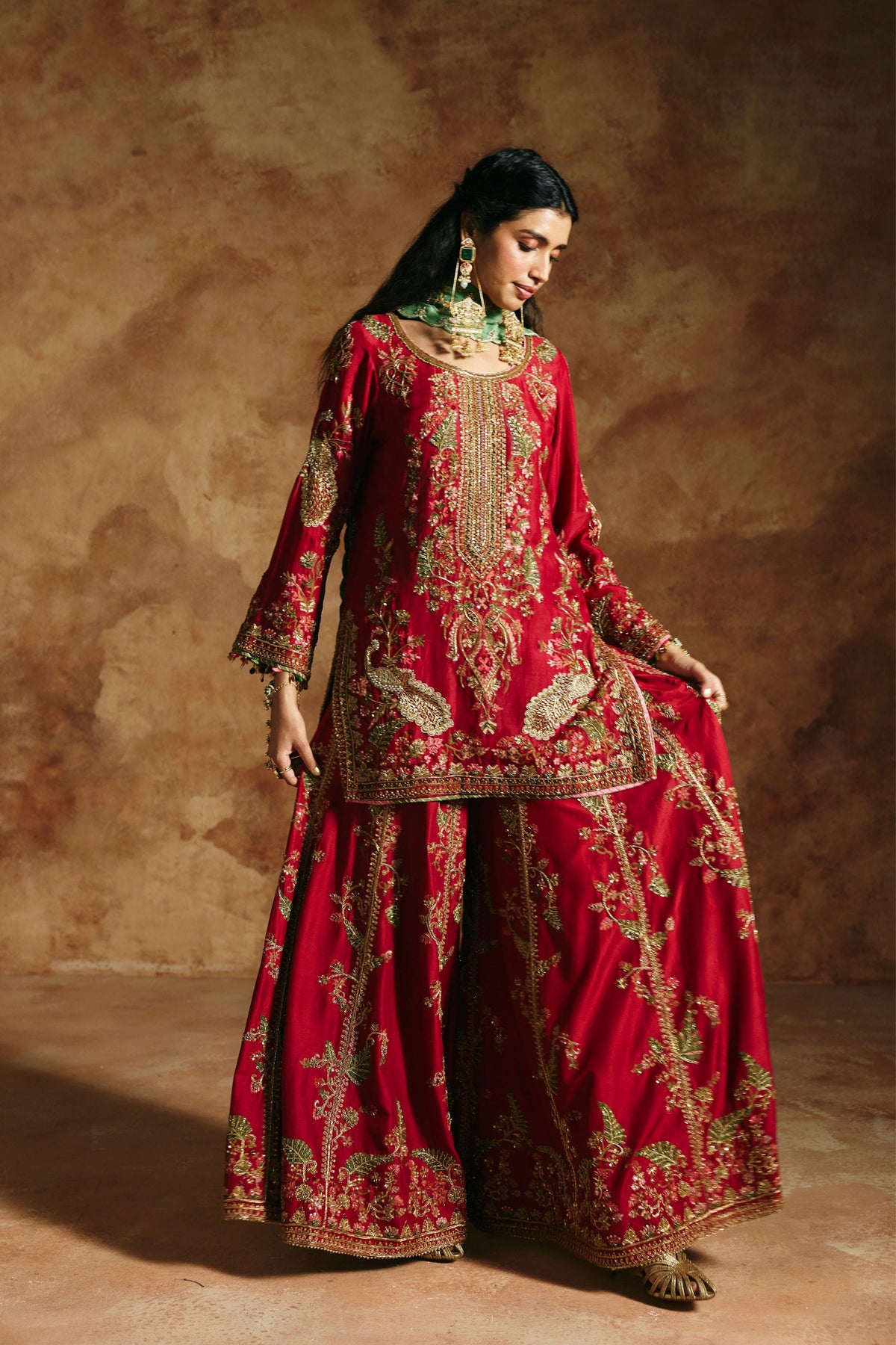 Red Multicoloured Sindh Sharara Set