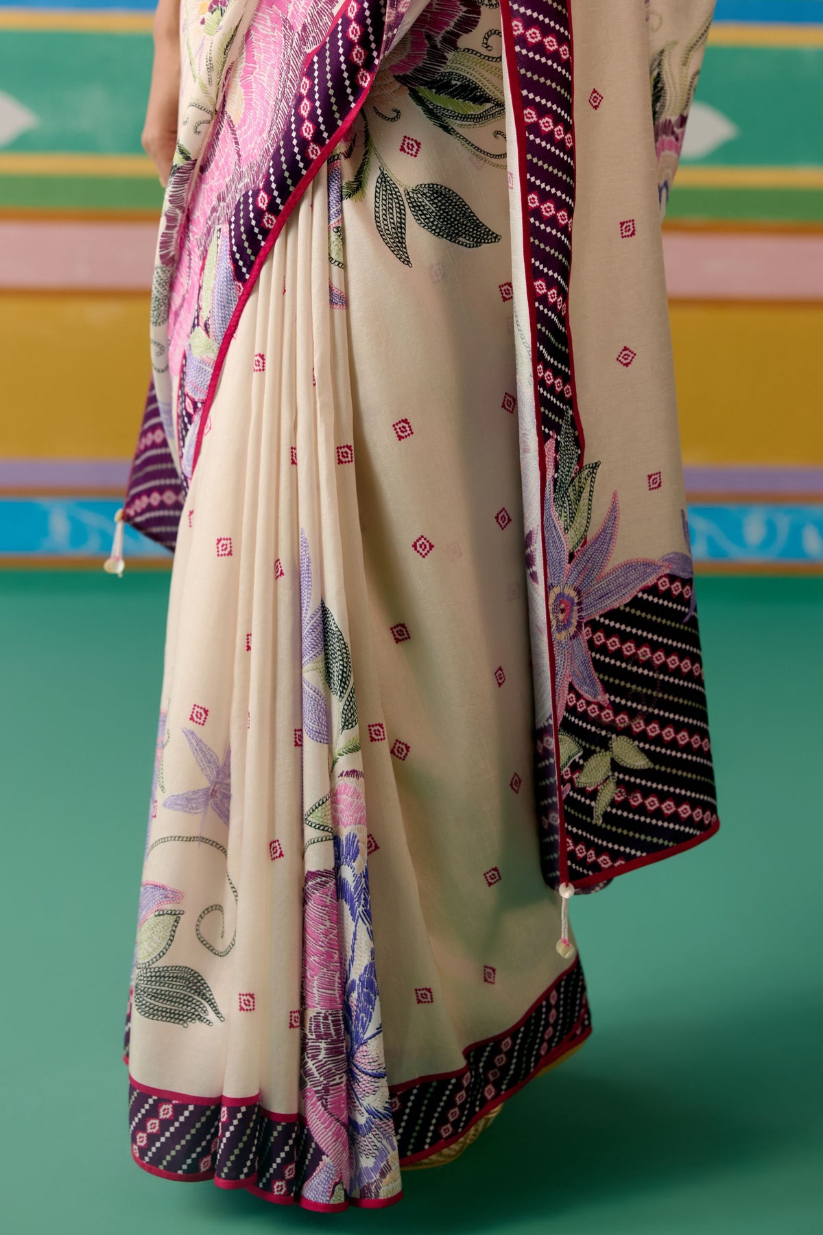 Ecru Purple Ikkat Saree