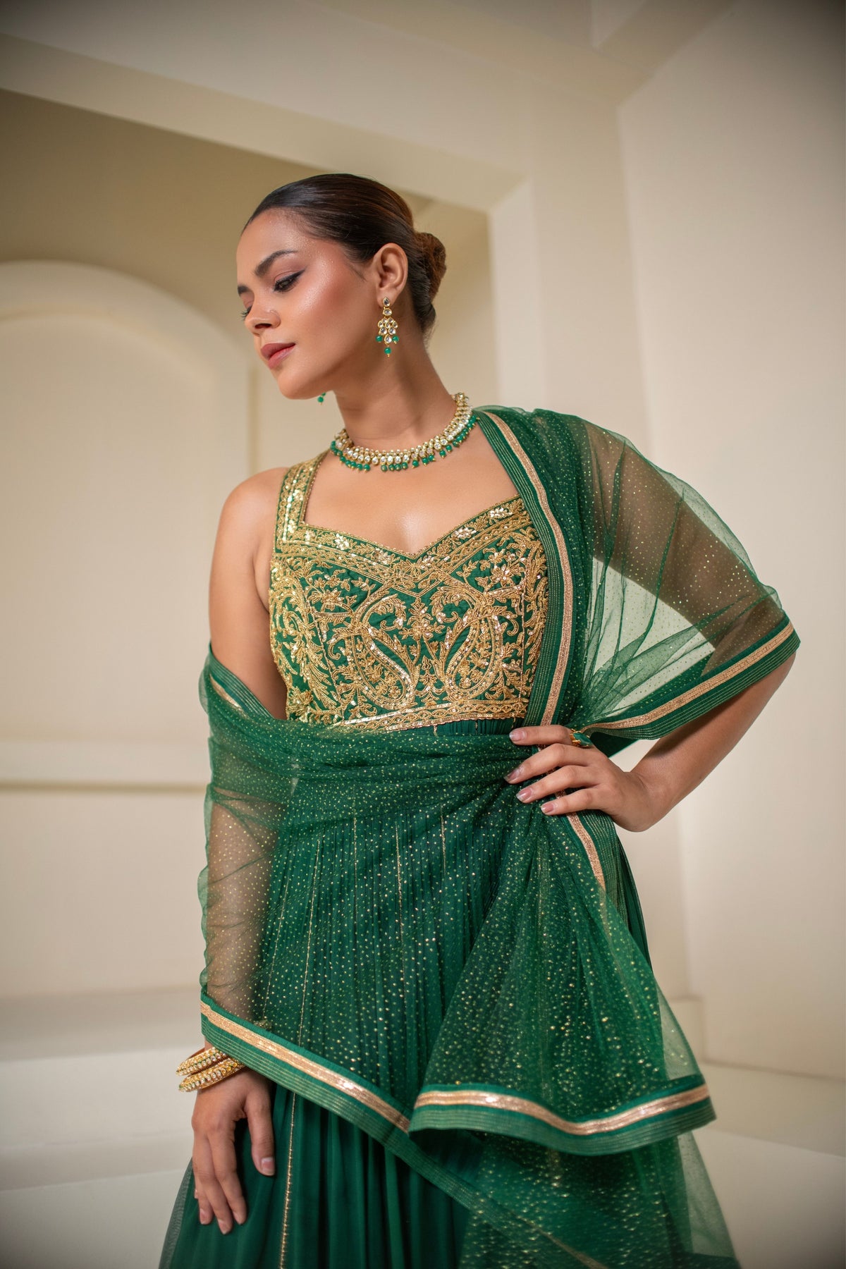 Emerald Green Sleeveless Embellished  Anarkali
