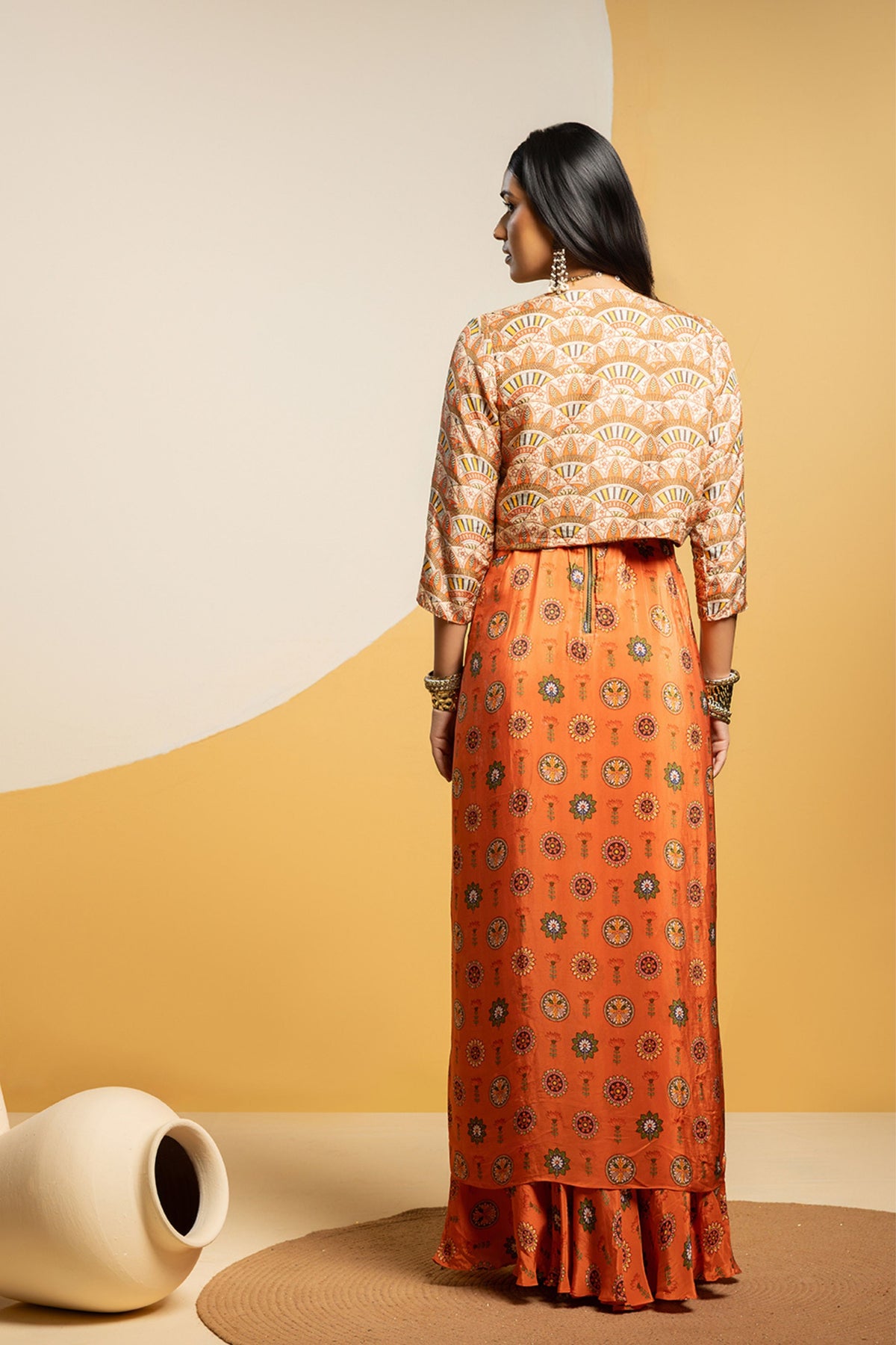 Rust Printed Drape Dress Set