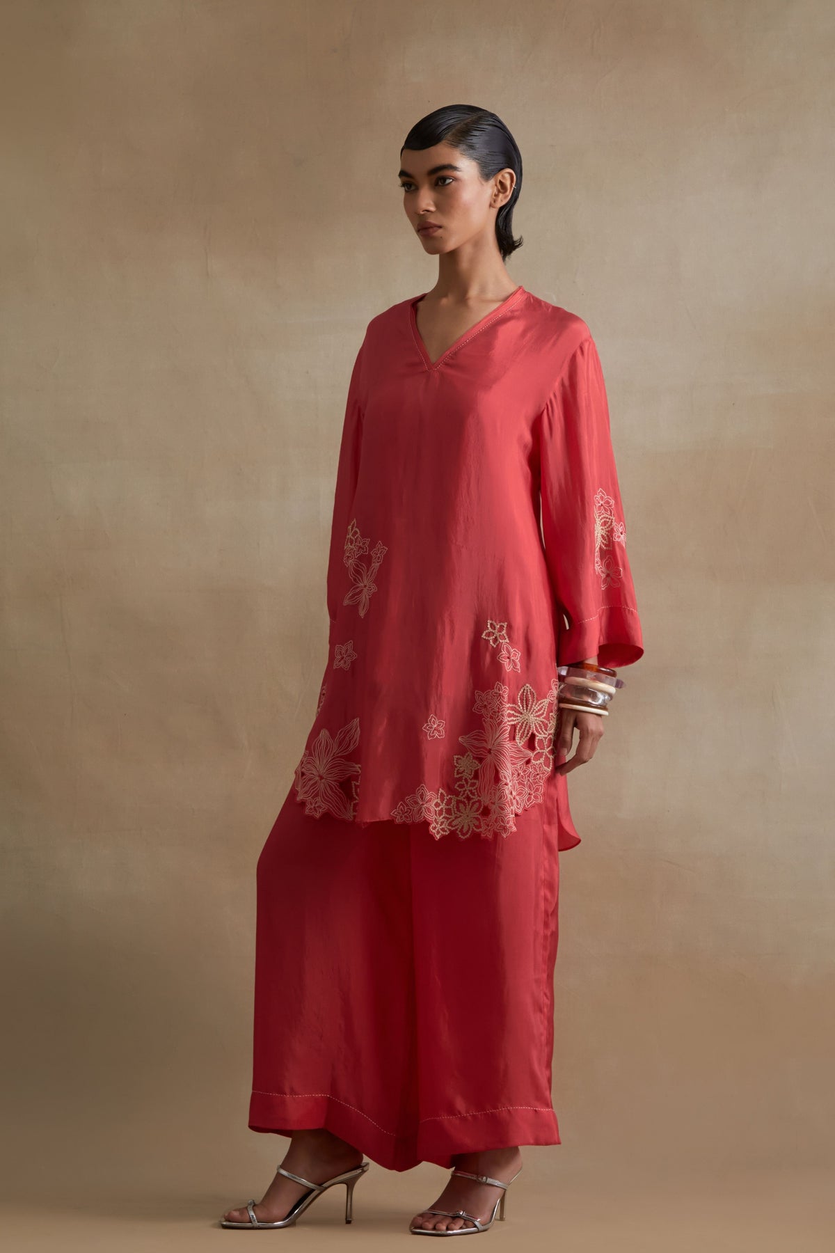 Tomato Floral Cutwork Tunic Set
