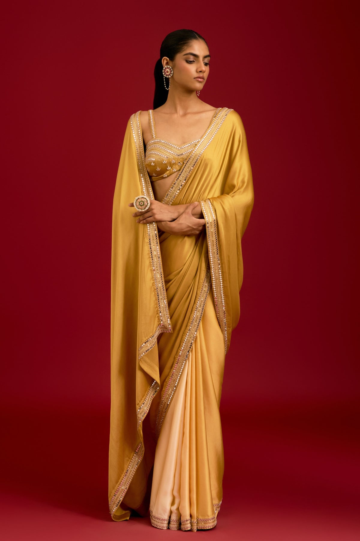 Mustard Embroidered Saree Set