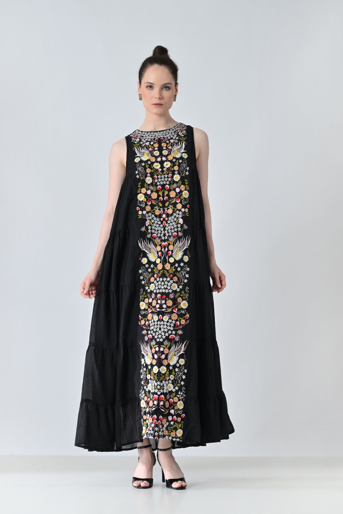 Black Embroidered Tiered Long Dress