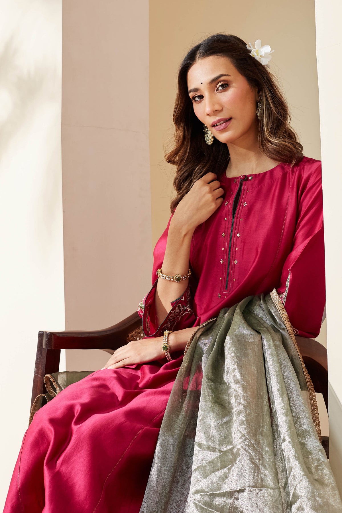 Magenta Floral Chanderi Kurta Set
