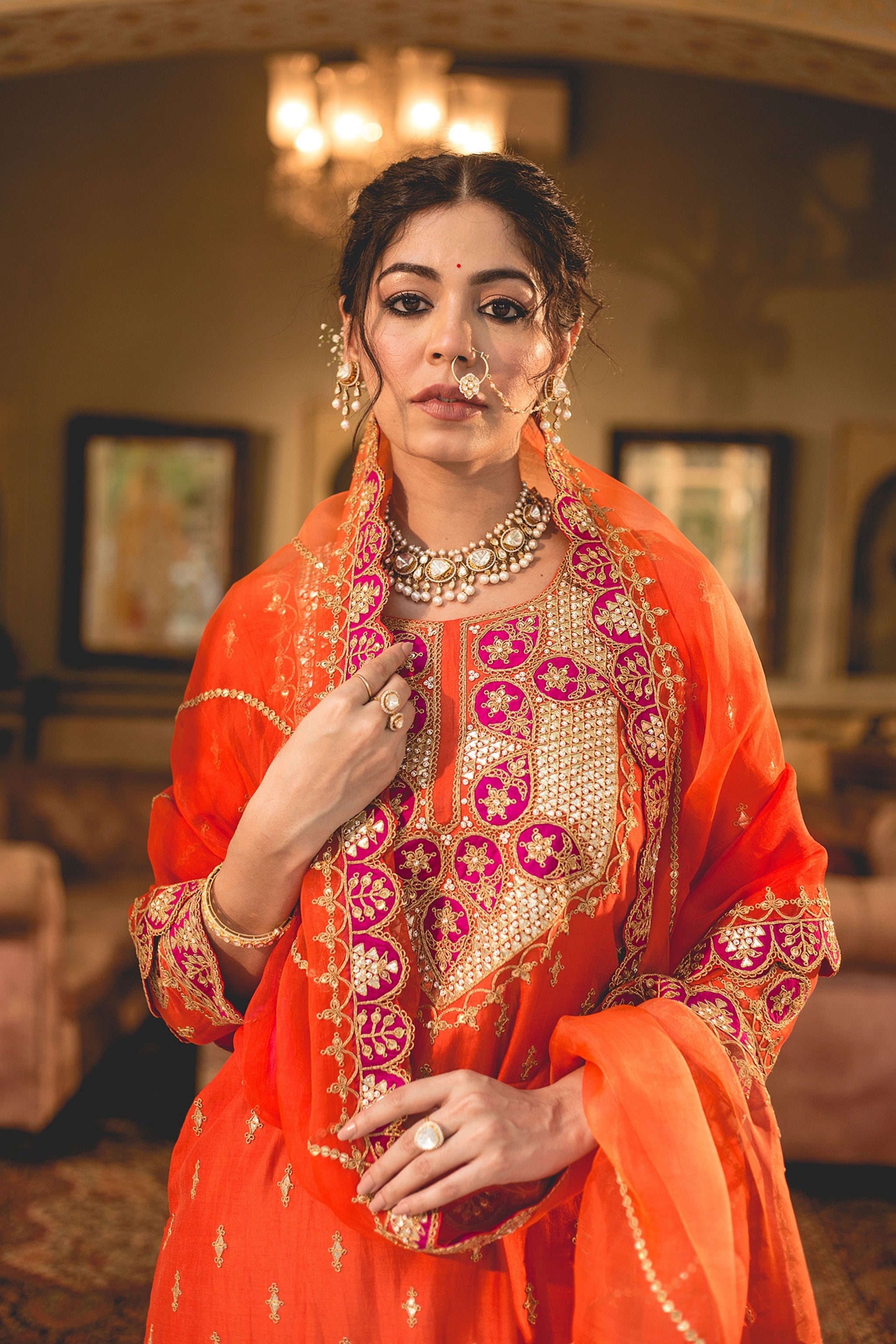orange sharara dress Orange Floral Embroidered Crepe Sharara Suit (KD1586-orange)