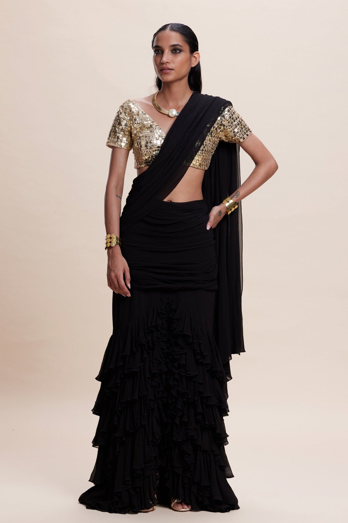 Black Ruffle Draped Saree Set