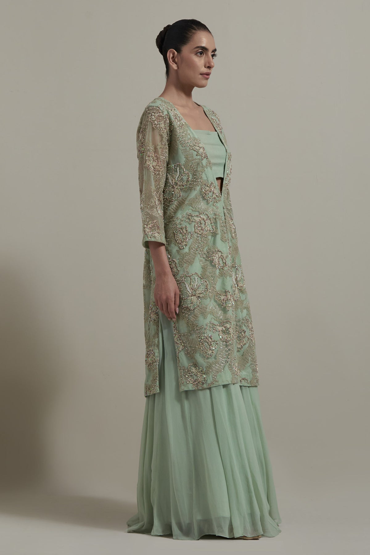 Green Embellished Jacket Set