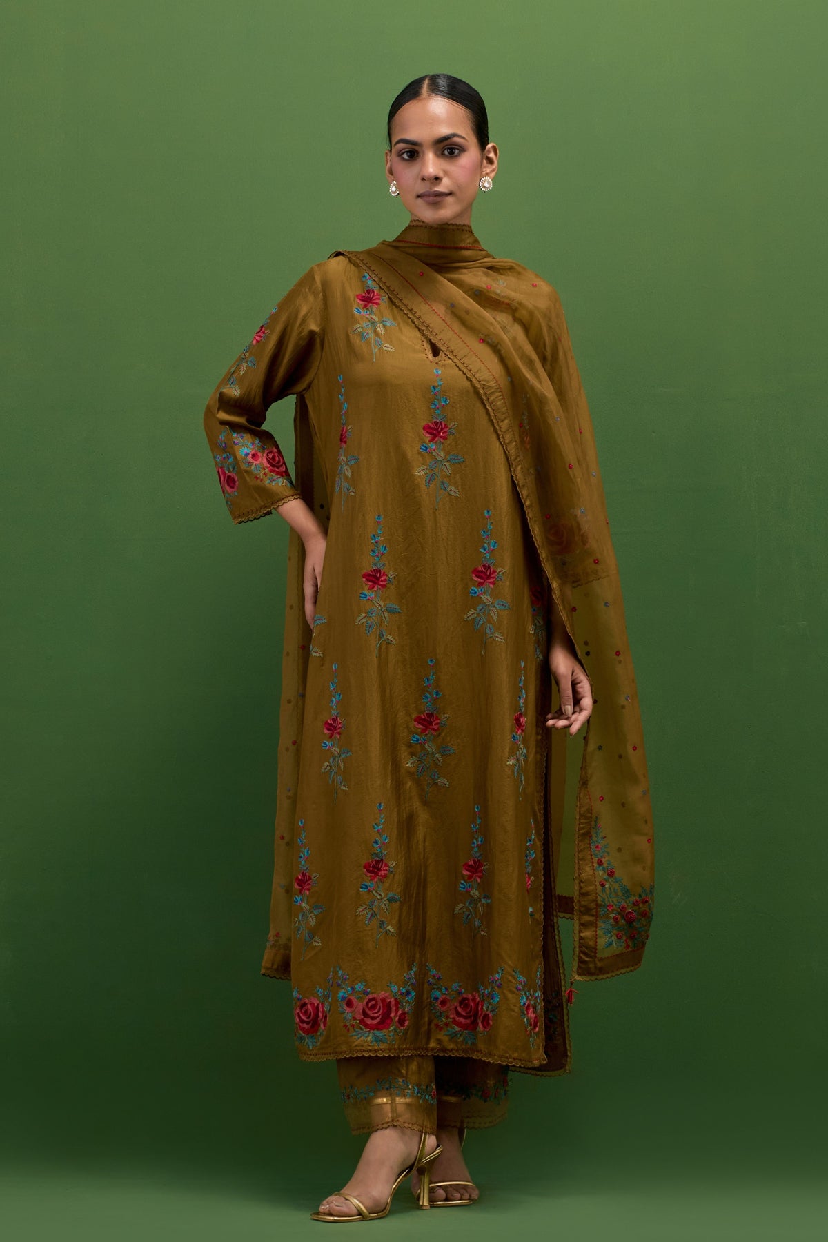Golden Olive Slit Kurta Set