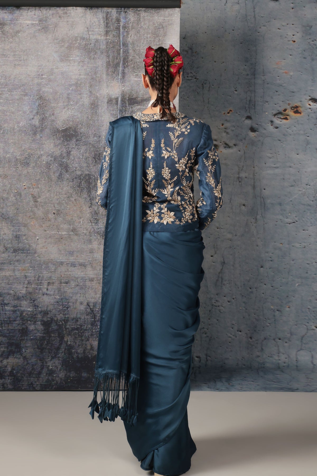 Blue Jacket Saree Set